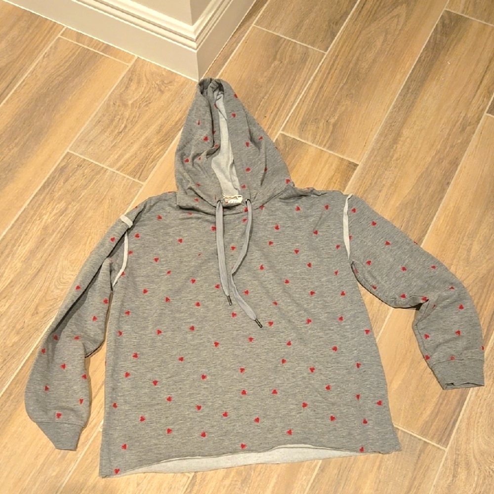 Gray Hoodie with Red Heart Pattern